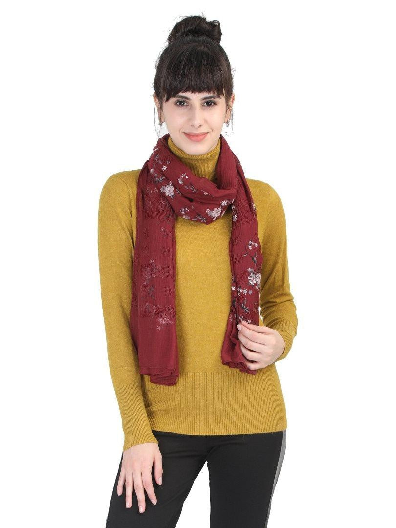 FabSeasons Maroon Leaf Printed Cotton Scarf For Women & Girls