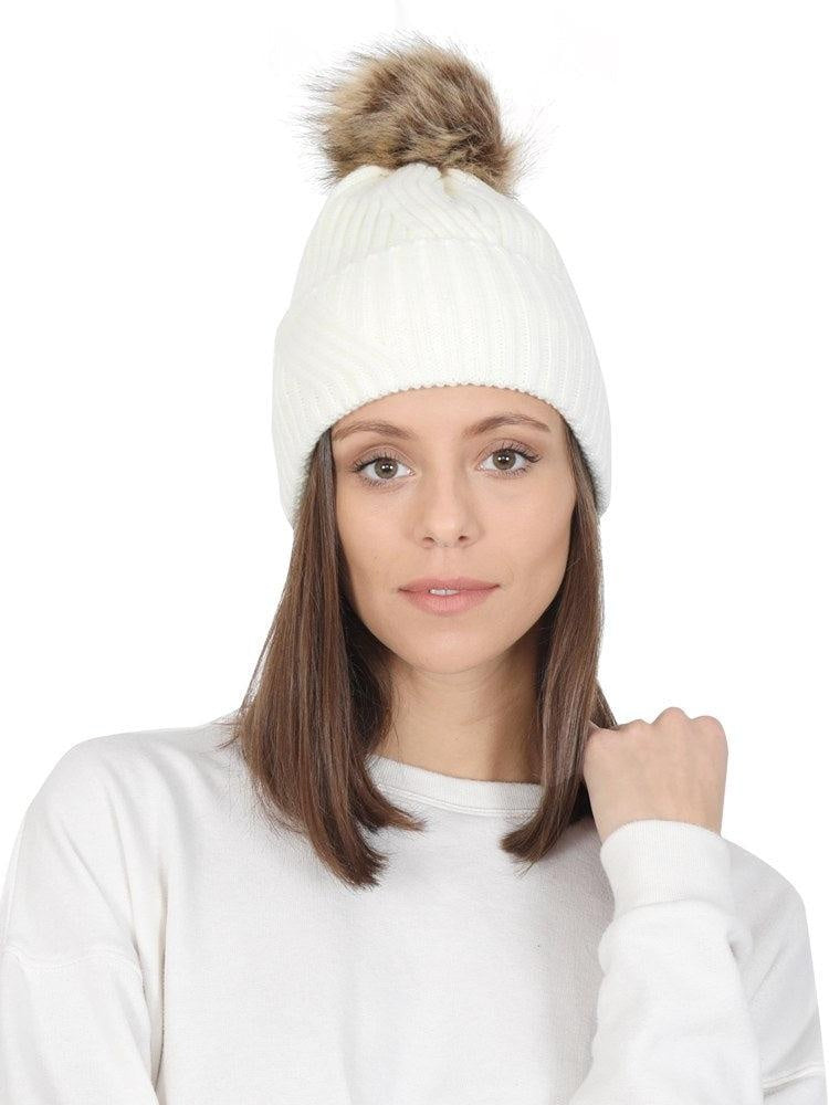 FabSeasons White Acrylic Woolen Winter skull cap with Pom Pom for